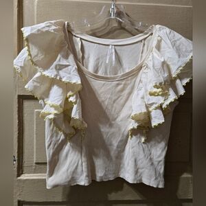 Anthropologie Short Flutter Sleeve Ribbed Cream Top EUC Size: L